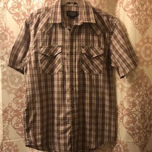 Sharp lookin’ Pendleton Frontier plaid short-sleeves shirt with Pearl snaps.